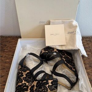 Jimmy Choo Nappa Lace Cork Women Wedges Navy US 6.5/EU 36.5